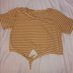 ROMWE yellow and white striped crop tie shirt